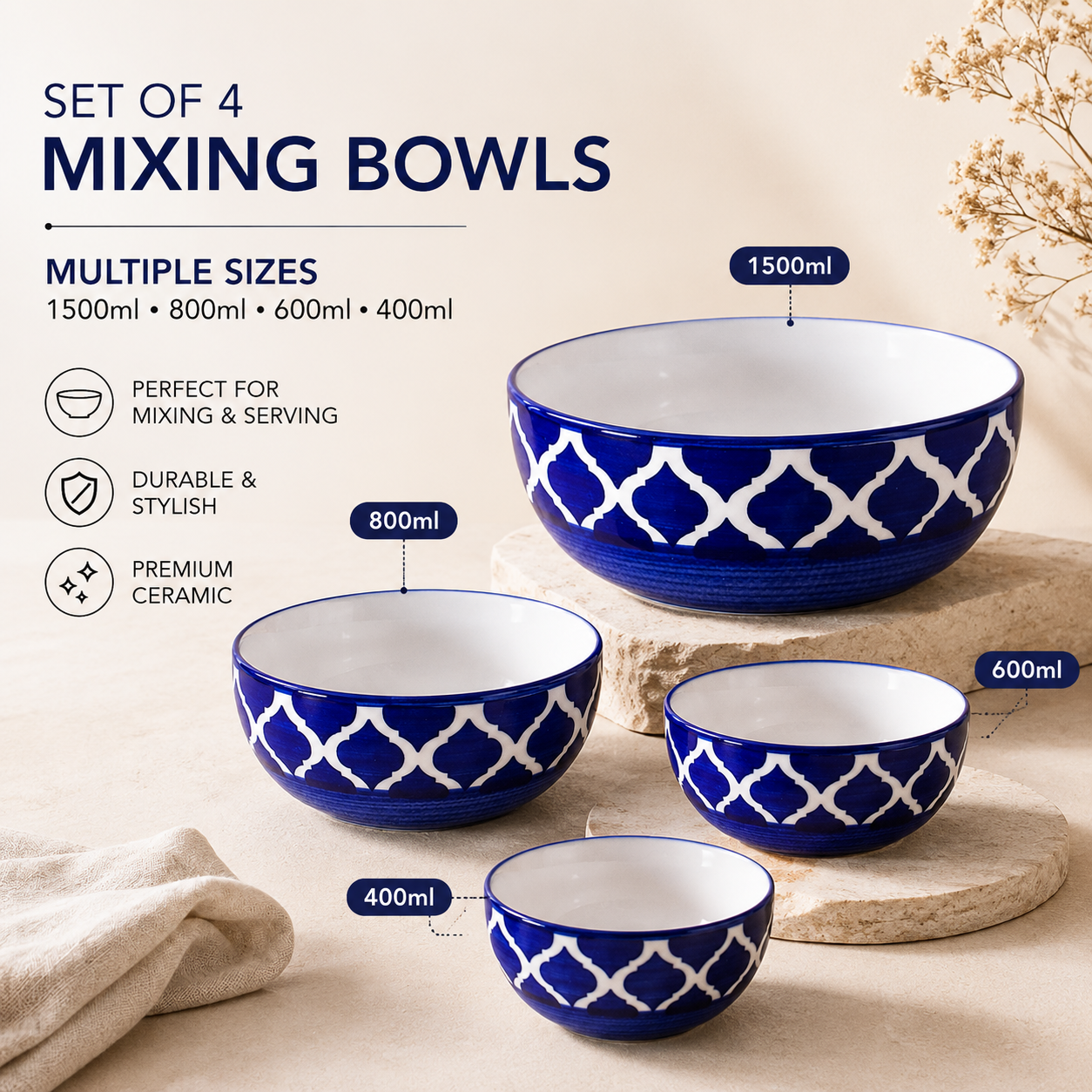 Oncilla Ceramic Mixing Bowl Set – 4 Pieces (1500ml, 800ml, 600ml, 400ml), Blue Umrao – Durable, Microwave & Dishwasher Safe – Ideal for Mixing, Serving & Storage - Image 6