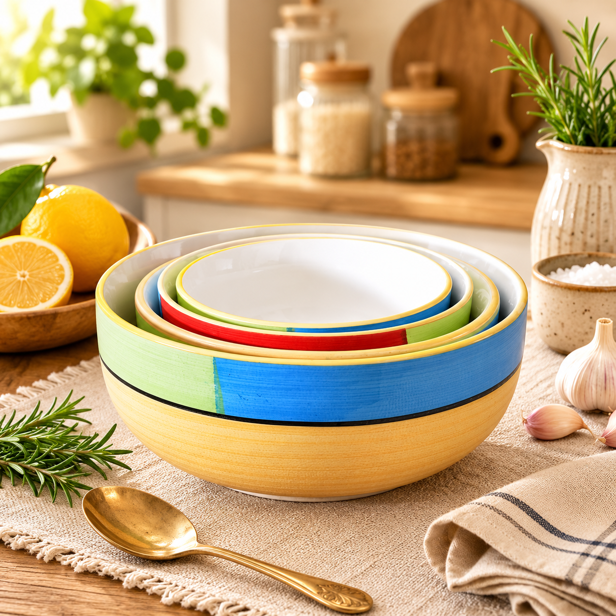Oncilla Ceramic Mixing Bowl Set – 4 Pieces (1500ml, 800ml, 600ml, 400ml), Yellow Blue – Durable, Microwave & Dishwasher Safe – Ideal for Mixing, Serving & Storage