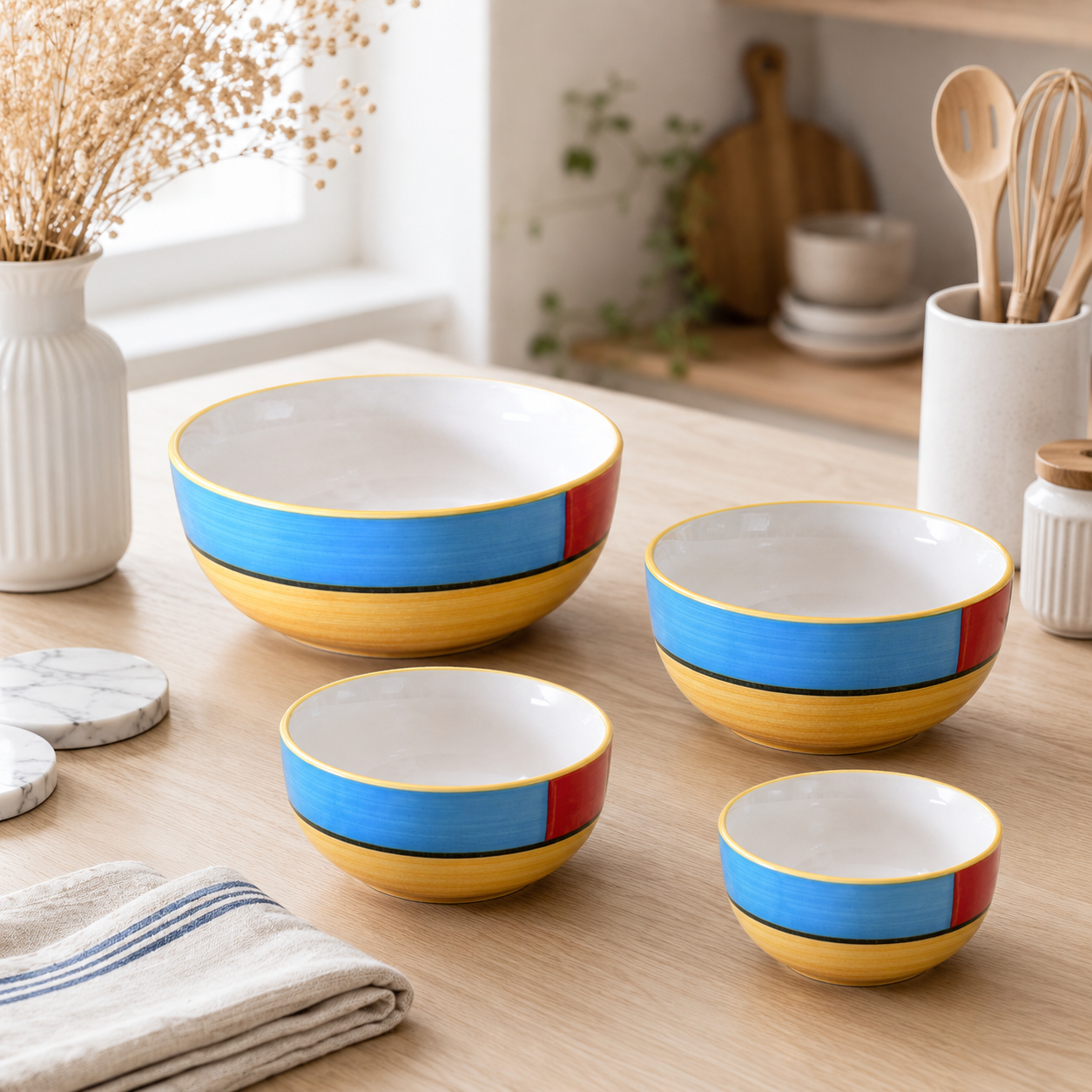 Oncilla Ceramic Mixing Bowl Set – 4 Pieces (1500ml, 800ml, 600ml, 400ml), Yellow Blue – Durable, Microwave & Dishwasher Safe – Ideal for Mixing, Serving & Storage - Image 2