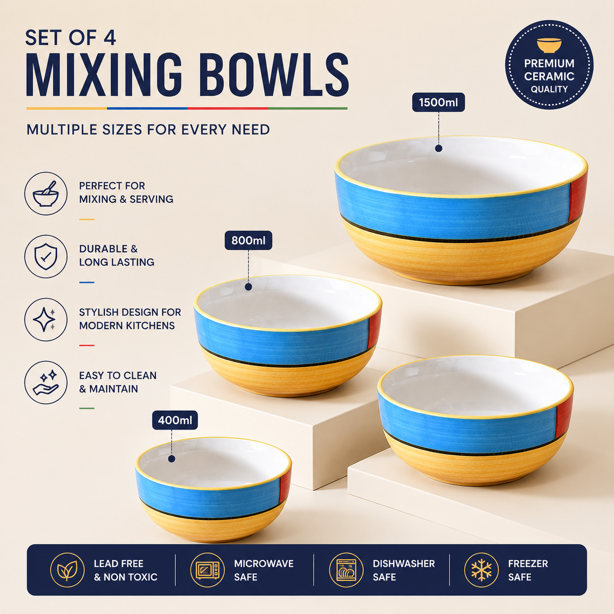 Oncilla Ceramic Mixing Bowl Set – 4 Pieces (1500ml, 800ml, 600ml, 400ml), Yellow Blue – Durable, Microwave & Dishwasher Safe – Ideal for Mixing, Serving & Storage - Image 7