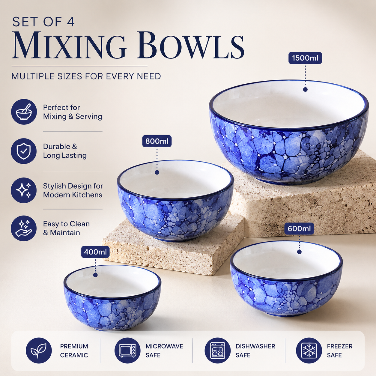 Oncilla Ceramic Mixing Bowl Set – 4 Pieces (1000ml, 750ml, 500ml, 300ml), Blue Luster – Durable, Microwave & Dishwasher Safe – Ideal for Mixing, Serving & Storage - Image 5