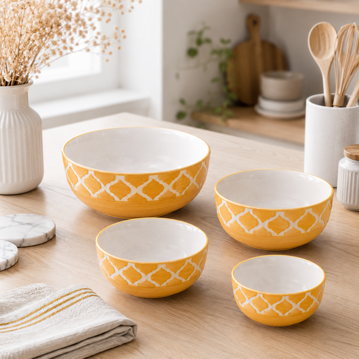 Oncilla Ceramic Mixing Bowl Set – 4 Pieces (1500ml, 800ml, 600ml, 400ml), Yellow Umrao – Durable, Microwave & Dishwasher Safe – Ideal for Mixing, Serving & Storage - Image 3
