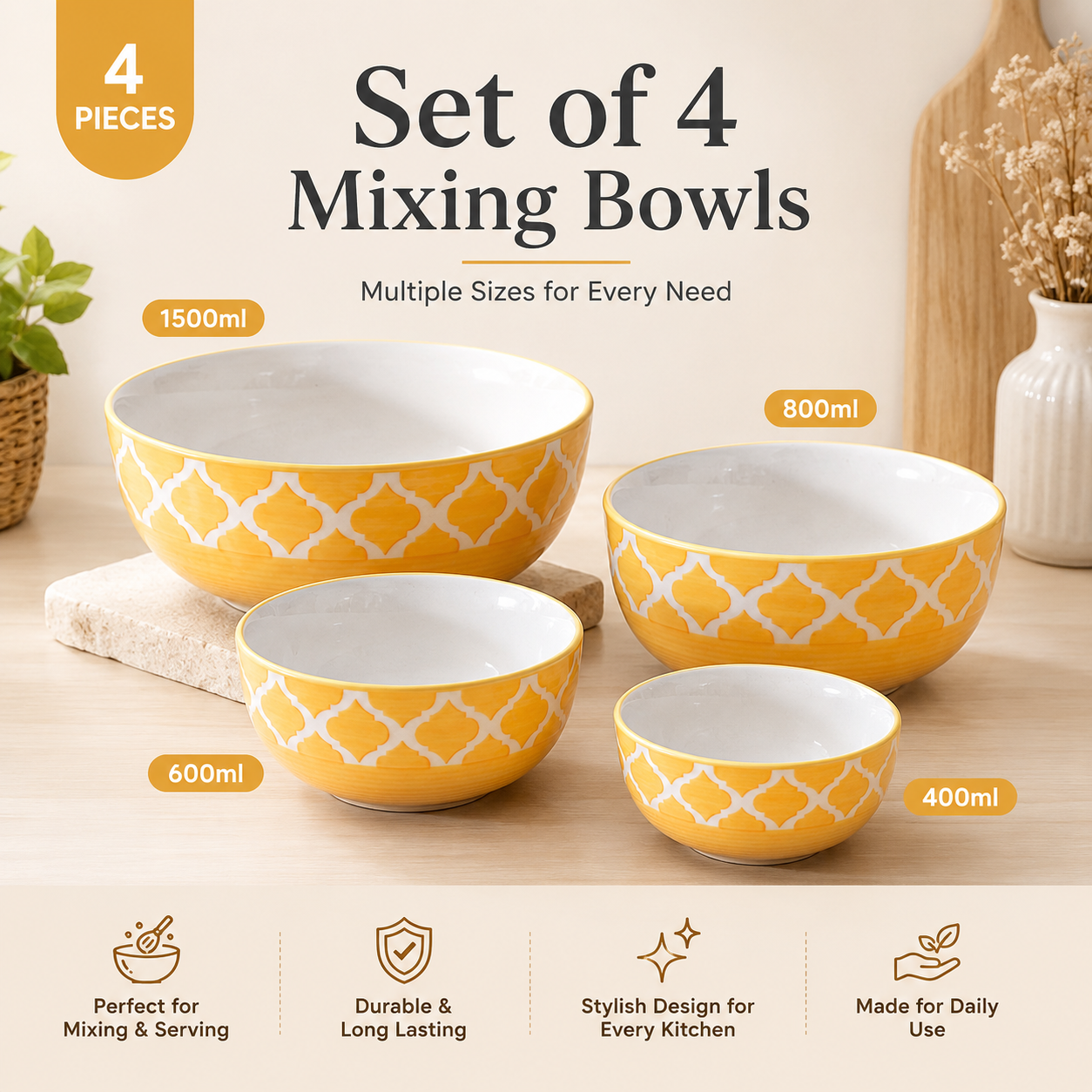 Oncilla Ceramic Mixing Bowl Set – 4 Pieces (1500ml, 800ml, 600ml, 400ml), Yellow Umrao – Durable, Microwave & Dishwasher Safe – Ideal for Mixing, Serving & Storage - Image 7