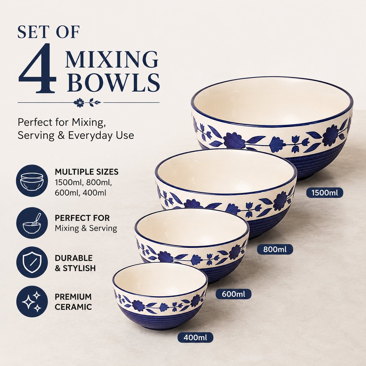 Oncilla Ceramic Mixing Bowl Set – 4 Pieces (1500ml, 800ml, 600ml, 400ml), Royal Blue – Durable, Microwave & Dishwasher Safe – Ideal for Mixing, Serving & Storage - Image 7