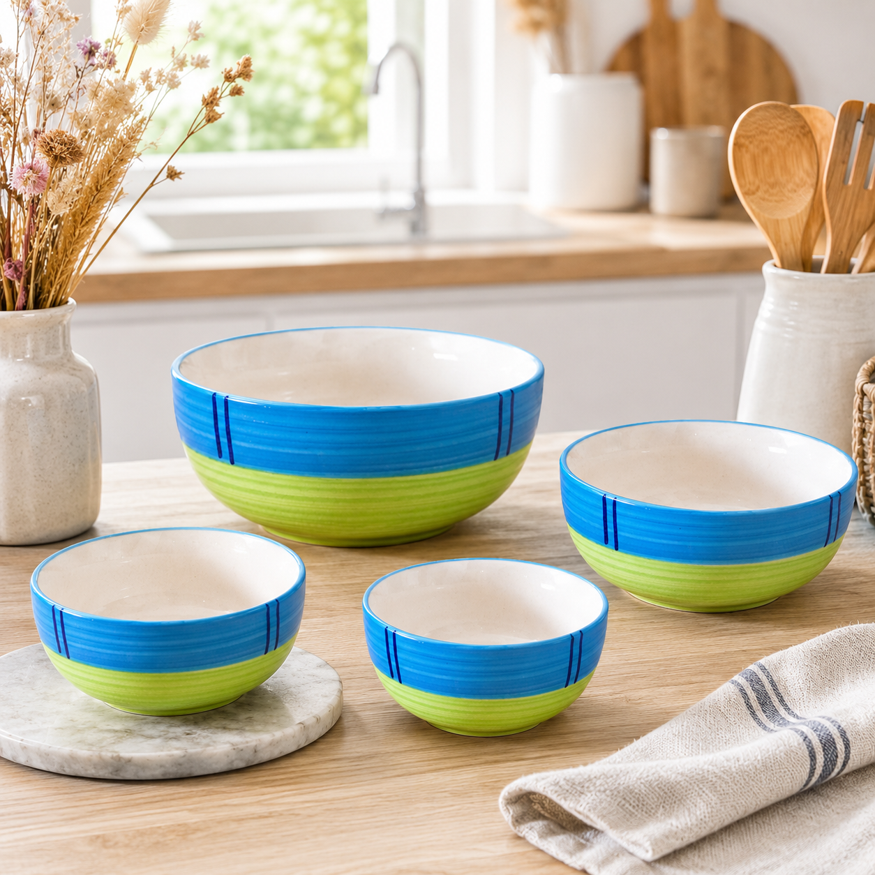 Oncilla Ceramic Mixing Bowl Set – 4 Pieces (1500ml, 800ml, 600ml, 400ml), Lime Green / Apple Green – Durable, Microwave & Dishwasher Safe – Ideal for Mixing, Serving & Storage - Image 2