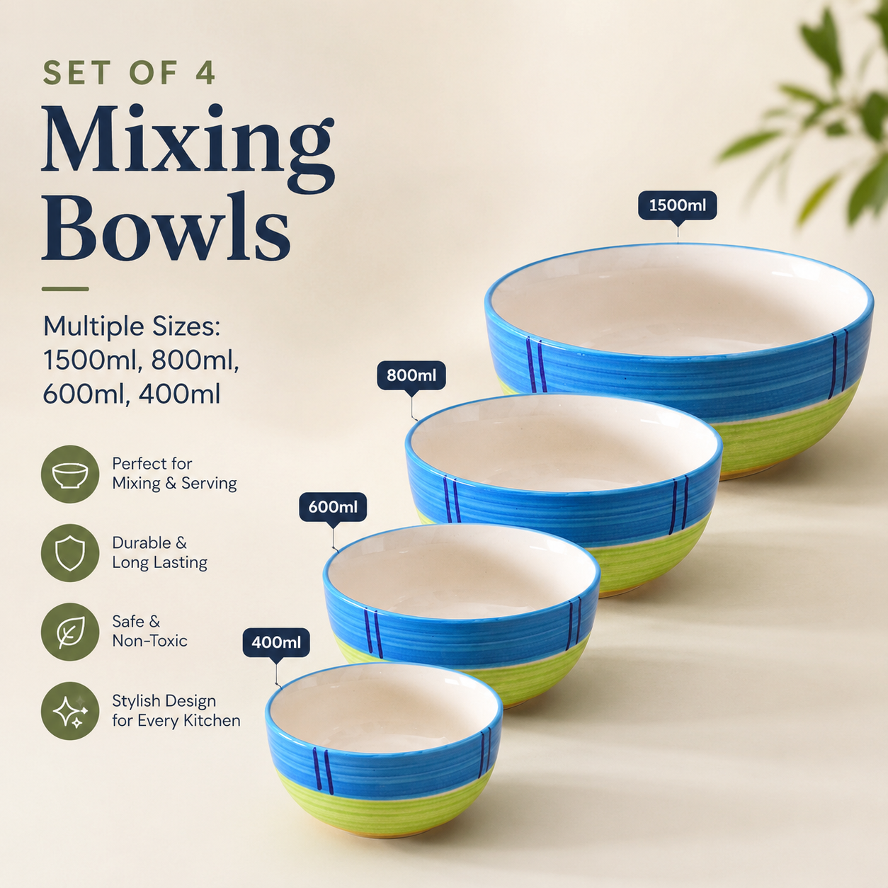 Oncilla Ceramic Mixing Bowl Set – 4 Pieces (1500ml, 800ml, 600ml, 400ml), Lime Green / Apple Green – Durable, Microwave & Dishwasher Safe – Ideal for Mixing, Serving & Storage - Image 7