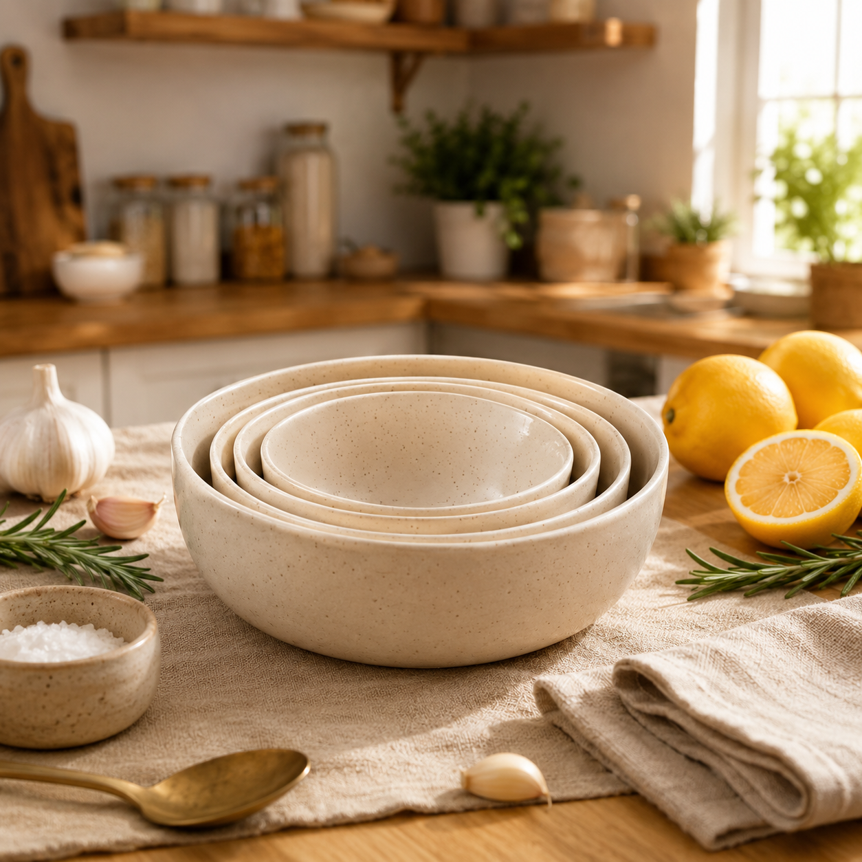 Oncilla Ceramic Mixing Bowl Set – 4 Pieces (1500ml, 800ml, 600ml, 400ml), Light Cream / Ivory – Durable, Microwave & Dishwasher Safe – Ideal for Mixing, Serving & Storage