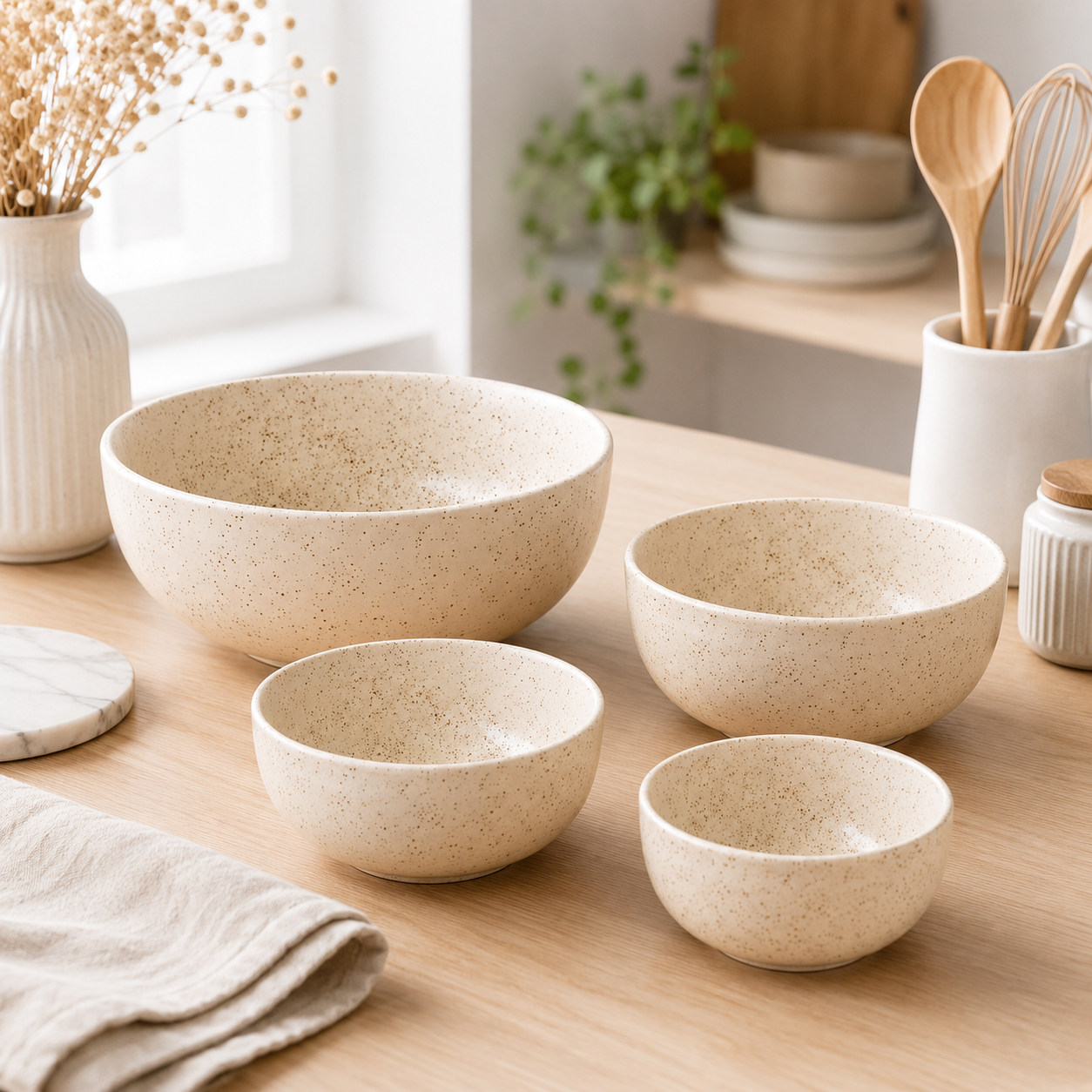 Oncilla Ceramic Mixing Bowl Set – 4 Pieces (1500ml, 800ml, 600ml, 400ml), Light Cream / Ivory – Durable, Microwave & Dishwasher Safe – Ideal for Mixing, Serving & Storage - Image 2