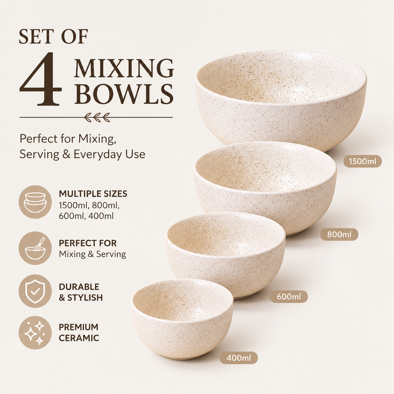 Oncilla Ceramic Mixing Bowl Set – 4 Pieces (1500ml, 800ml, 600ml, 400ml), Light Cream / Ivory – Durable, Microwave & Dishwasher Safe – Ideal for Mixing, Serving & Storage - Image 7