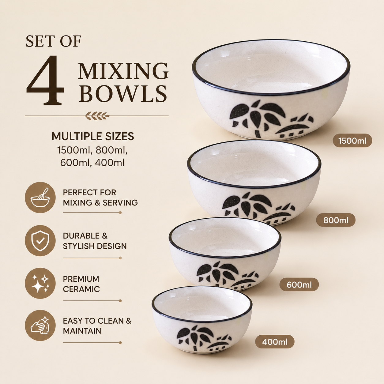 Oncilla Ceramic Mixing Bowl Set – 4 Pieces (1500ml, 800ml, 600ml, 400ml), Off-White / Ivory – Durable, Microwave & Dishwasher Safe – Ideal for Mixing, Serving & Storage - Image 7