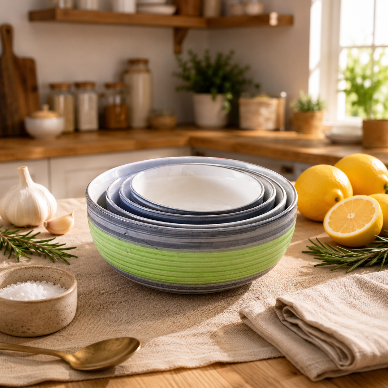 Oncilla Ceramic Mixing Bowl Set – 4 Pieces (1000ml, 750ml, 500ml, 300ml), Light Green – Durable, Microwave & Dishwasher Safe – Ideal for Mixing, Serving & Storage