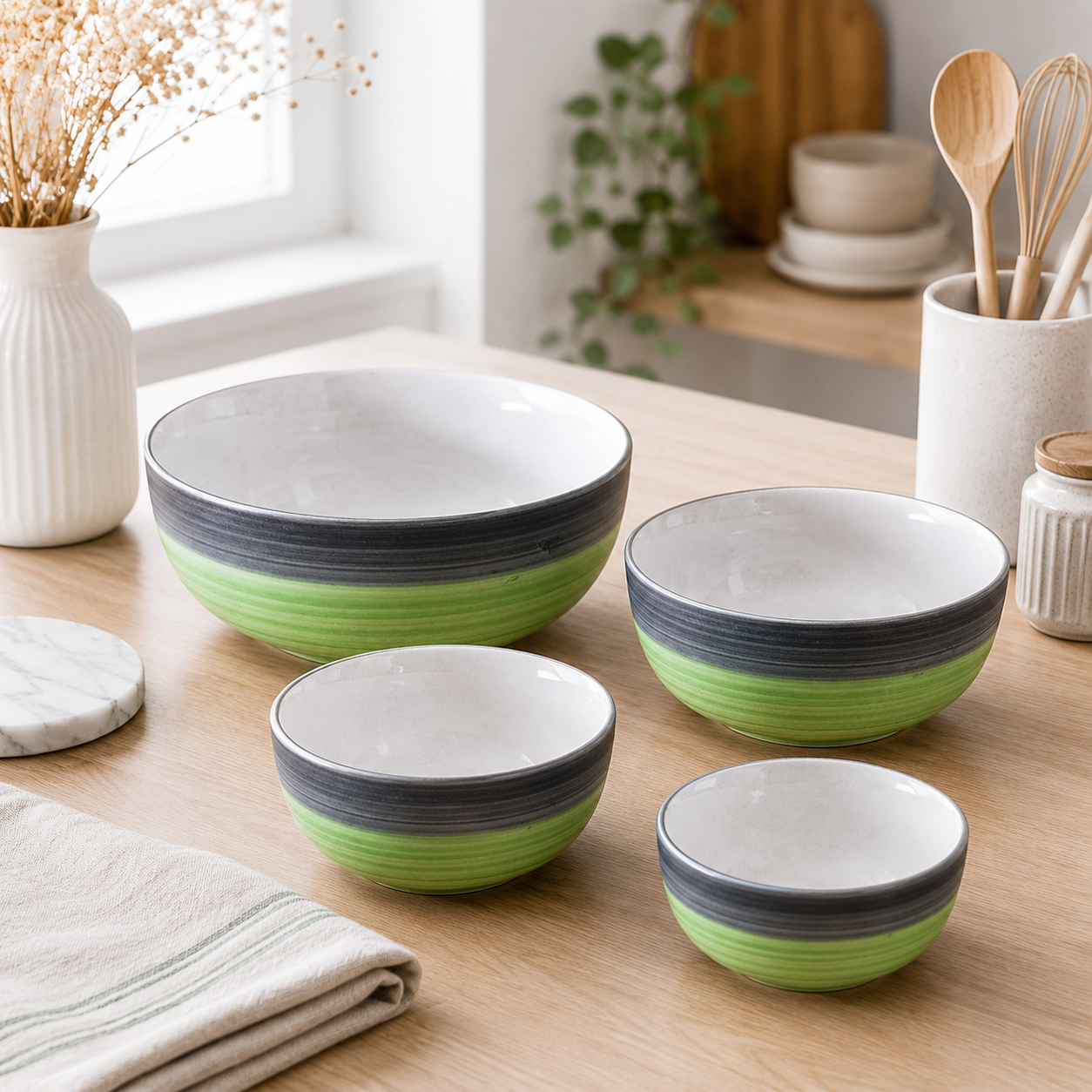 Oncilla Ceramic Mixing Bowl Set – 4 Pieces (1000ml, 750ml, 500ml, 300ml), Light Green – Durable, Microwave & Dishwasher Safe – Ideal for Mixing, Serving & Storage - Image 2