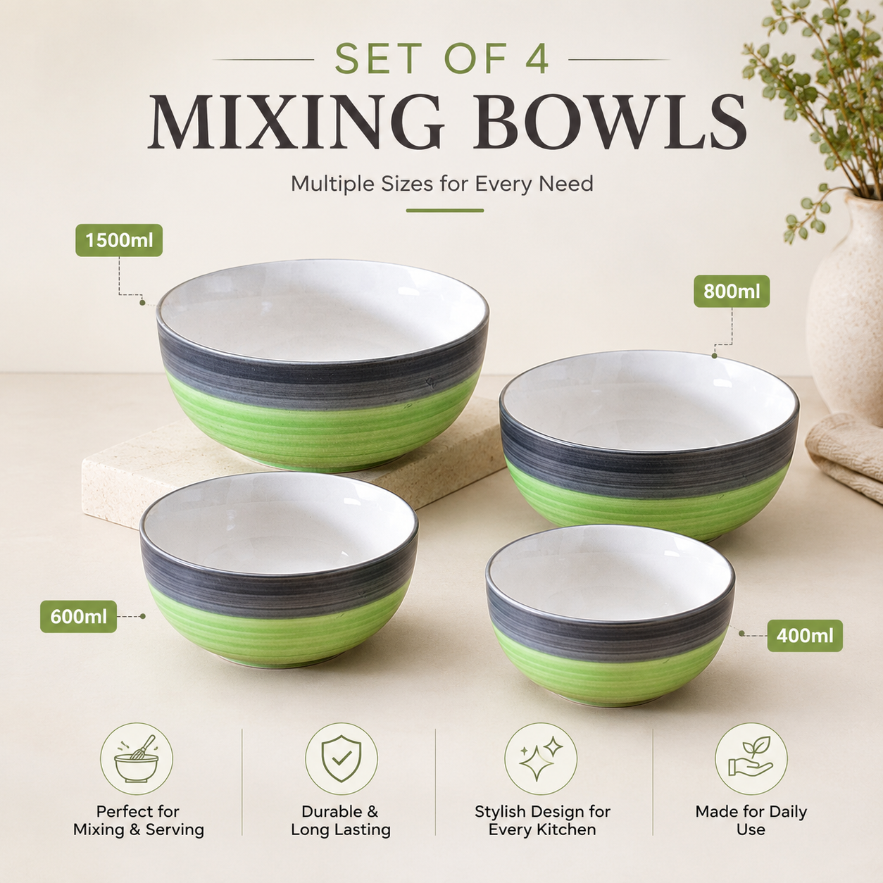 Oncilla Ceramic Mixing Bowl Set – 4 Pieces (1000ml, 750ml, 500ml, 300ml), Light Green – Durable, Microwave & Dishwasher Safe – Ideal for Mixing, Serving & Storage - Image 7