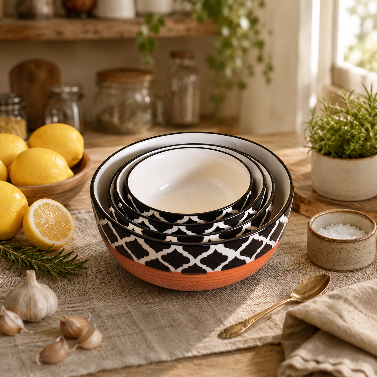 Oncilla Ceramic Mixing Bowl Set – 4 Pieces (1500ml, 800ml, 600ml, 400ml), Red Black – Durable, Microwave & Dishwasher Safe – Ideal for Mixing, Serving & Storage