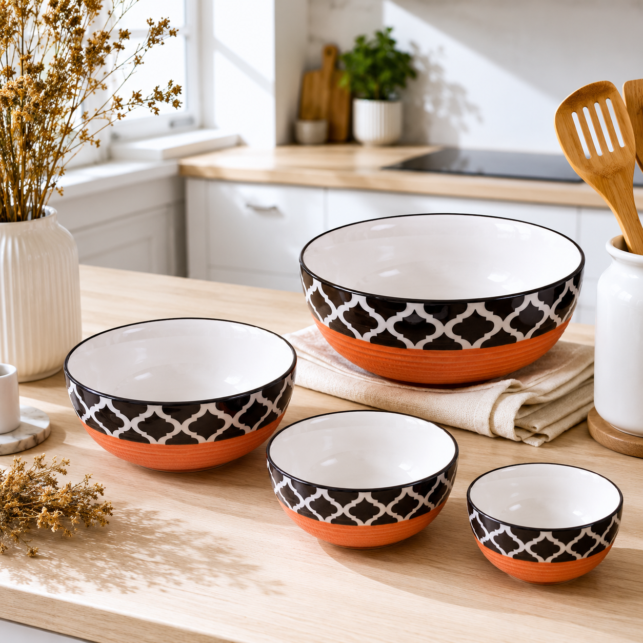 Oncilla Ceramic Mixing Bowl Set – 4 Pieces (1500ml, 800ml, 600ml, 400ml), Red Black – Durable, Microwave & Dishwasher Safe – Ideal for Mixing, Serving & Storage - Image 2
