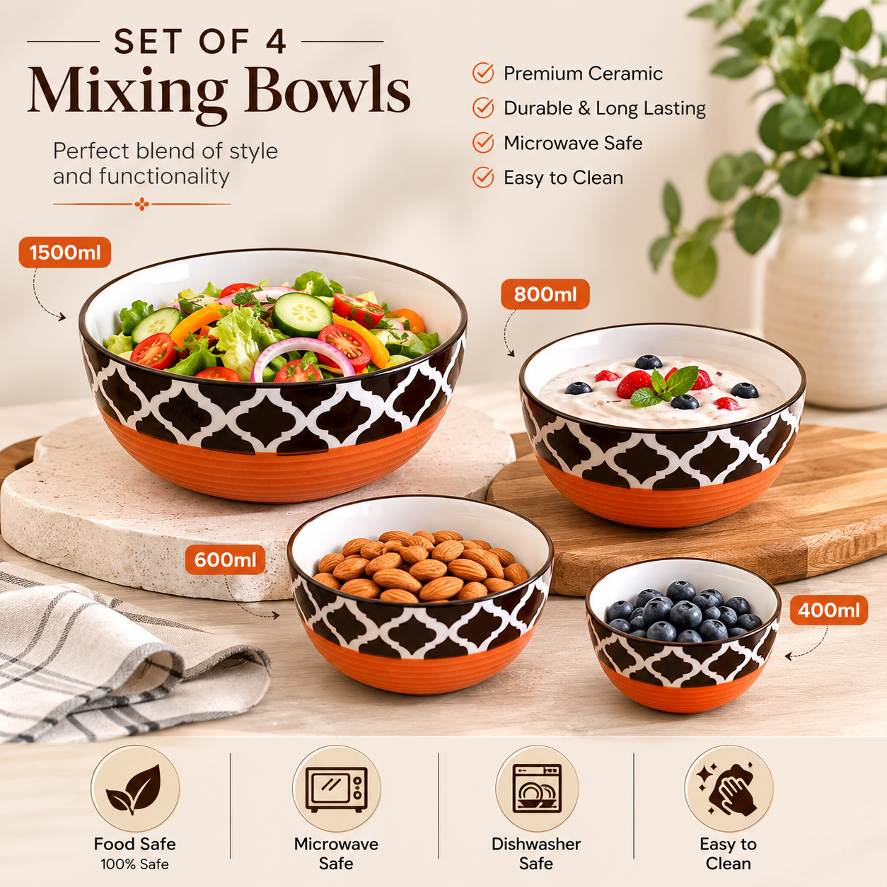Oncilla Ceramic Mixing Bowl Set – 4 Pieces (1500ml, 800ml, 600ml, 400ml), Red Black – Durable, Microwave & Dishwasher Safe – Ideal for Mixing, Serving & Storage - Image 7