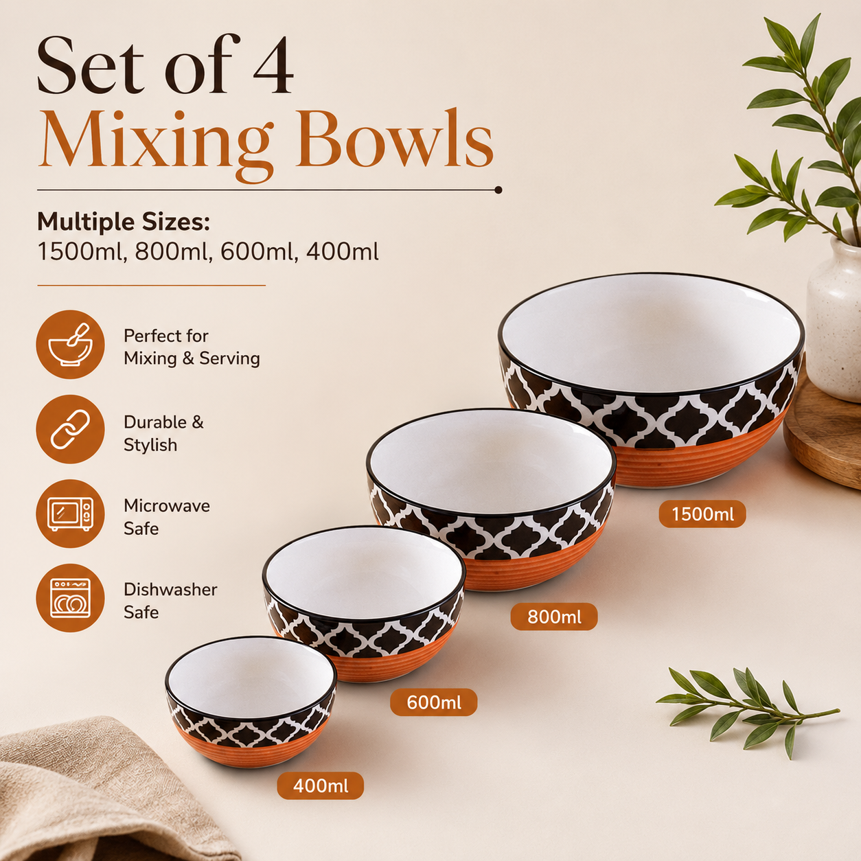 Oncilla Ceramic Mixing Bowl Set – 4 Pieces (1500ml, 800ml, 600ml, 400ml), Red Black – Durable, Microwave & Dishwasher Safe – Ideal for Mixing, Serving & Storage - Image 8