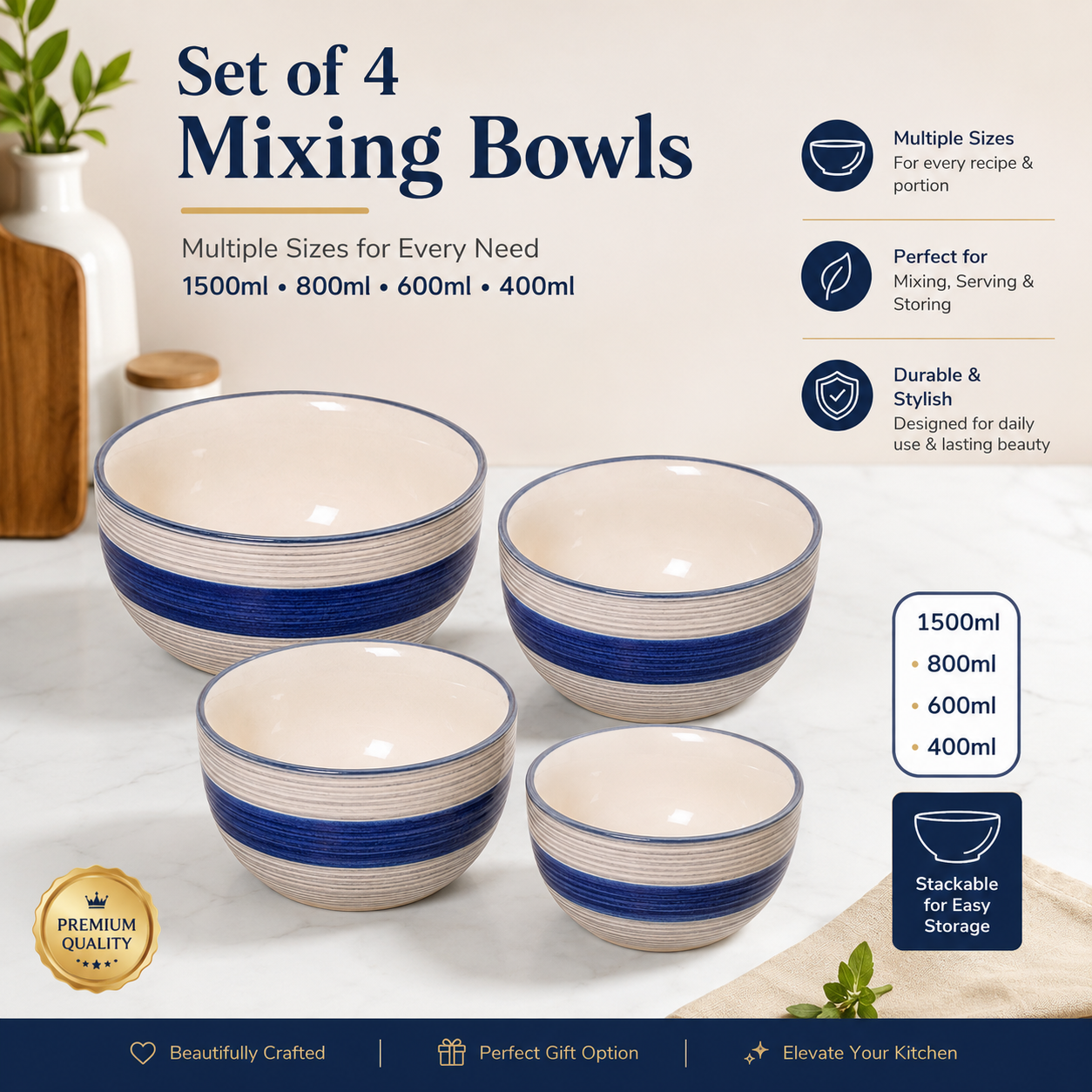 Oncilla Ceramic Mixing Bowl Set – 4 Pieces (1500ml, 800ml, 600ml, 400ml), Cobalt Blue – Durable, Microwave & Dishwasher Safe – Ideal for Mixing, Serving & Storage - Image 7
