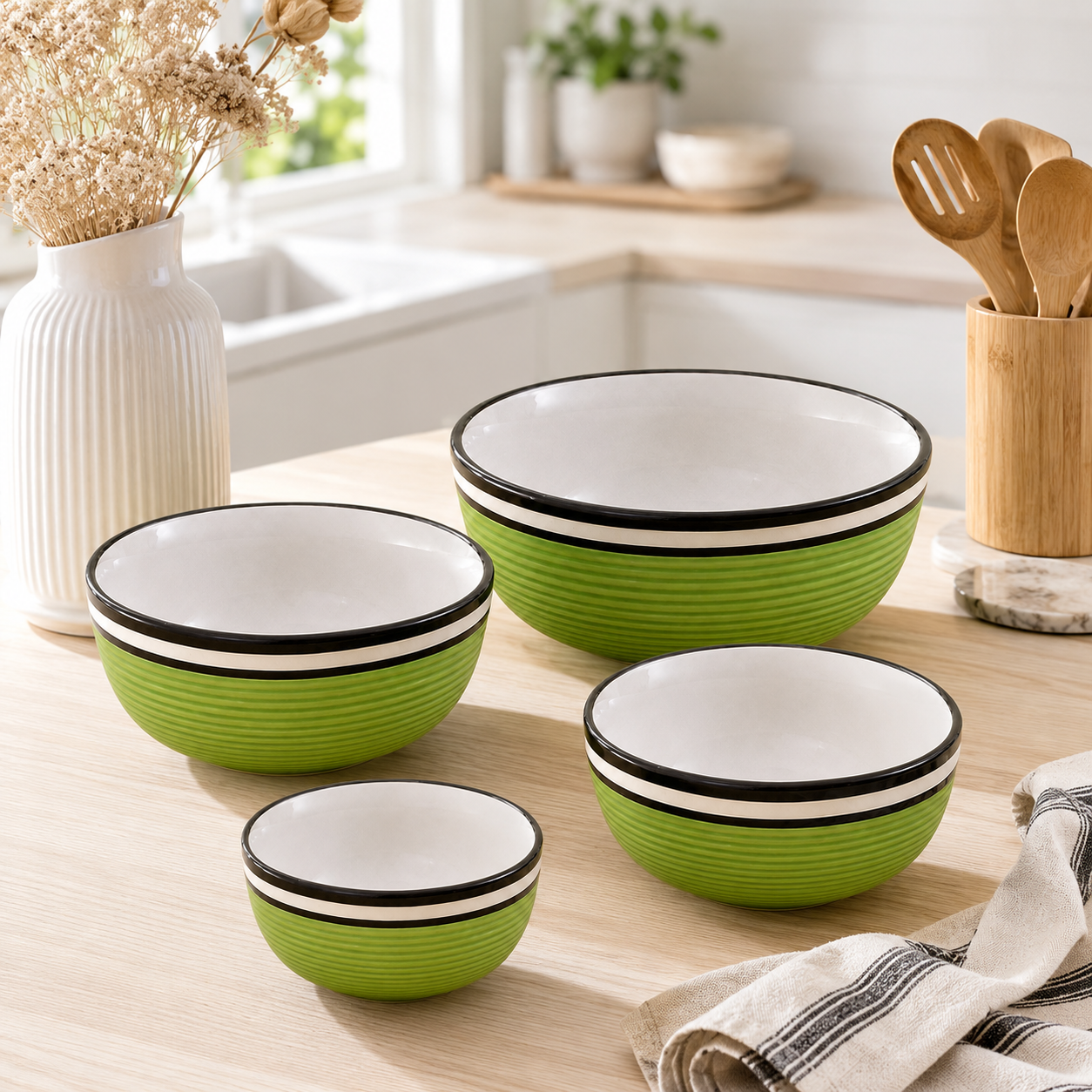 Oncilla Ceramic Mixing Bowl Set – 4 Pieces (1500ml, 800ml, 600ml, 400ml), Light Green – Durable, Microwave & Dishwasher Safe – Ideal for Mixing, Serving & Storage - Image 2