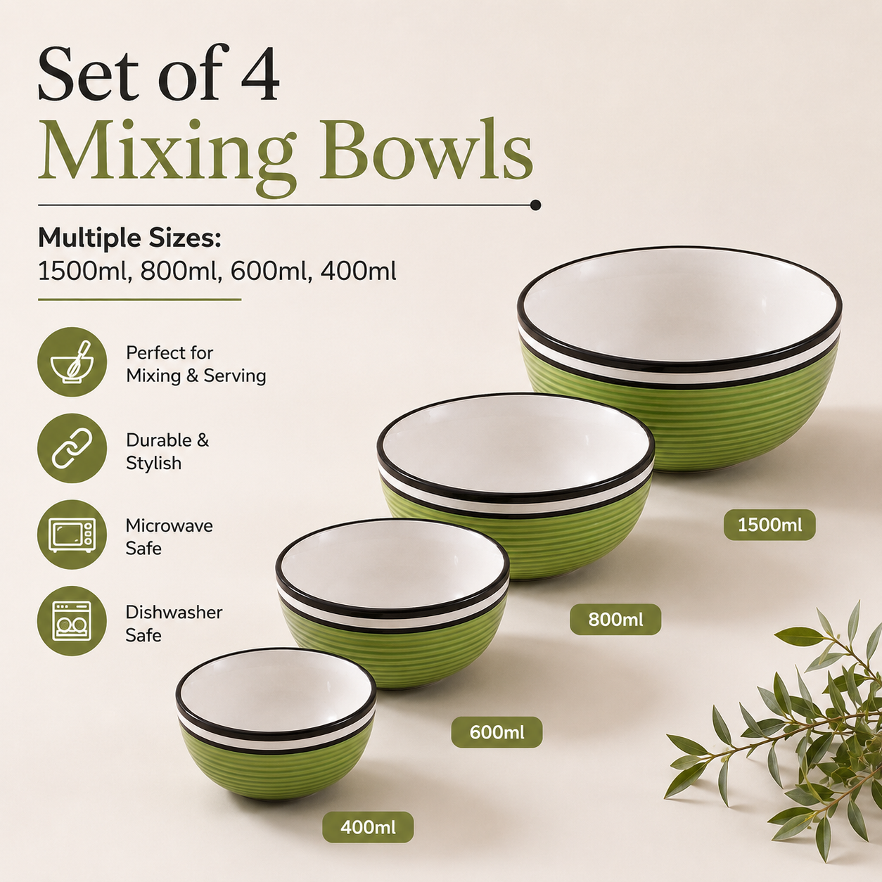 Oncilla Ceramic Mixing Bowl Set – 4 Pieces (1500ml, 800ml, 600ml, 400ml), Light Green – Durable, Microwave & Dishwasher Safe – Ideal for Mixing, Serving & Storage - Image 7