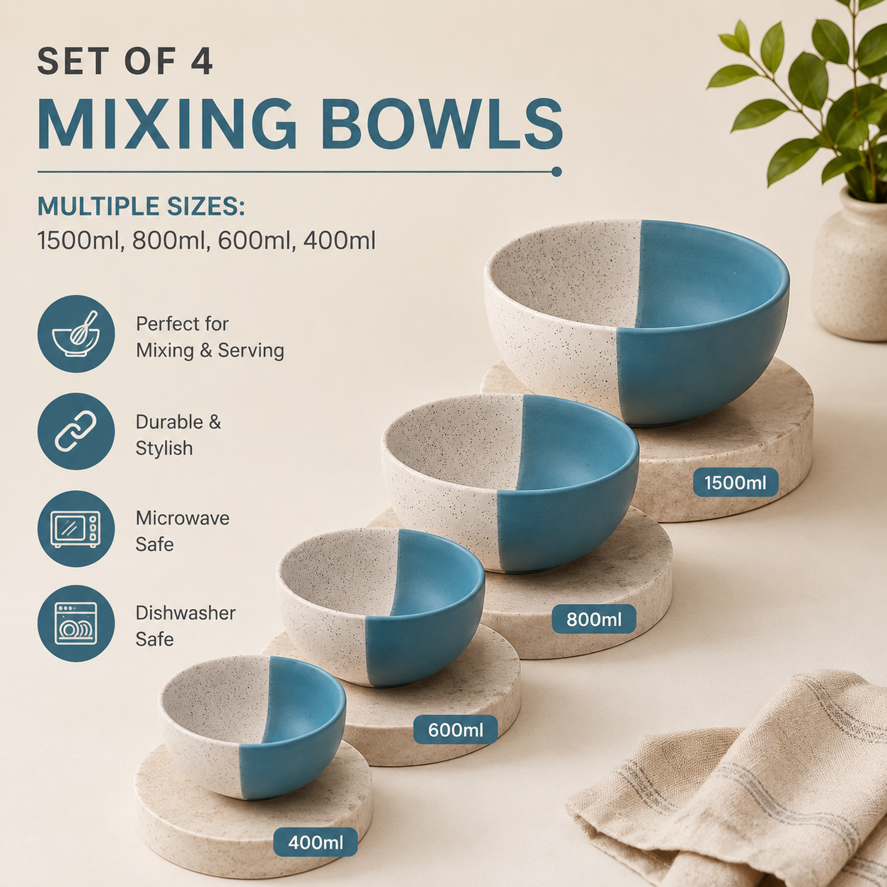 Oncilla Ceramic Mixing Bowl Set – 4 Pieces (1500ml, 800ml, 600ml, 400ml), Dusty Blue – Durable, Microwave & Dishwasher Safe – Ideal for Mixing, Serving & Storage - Image 7