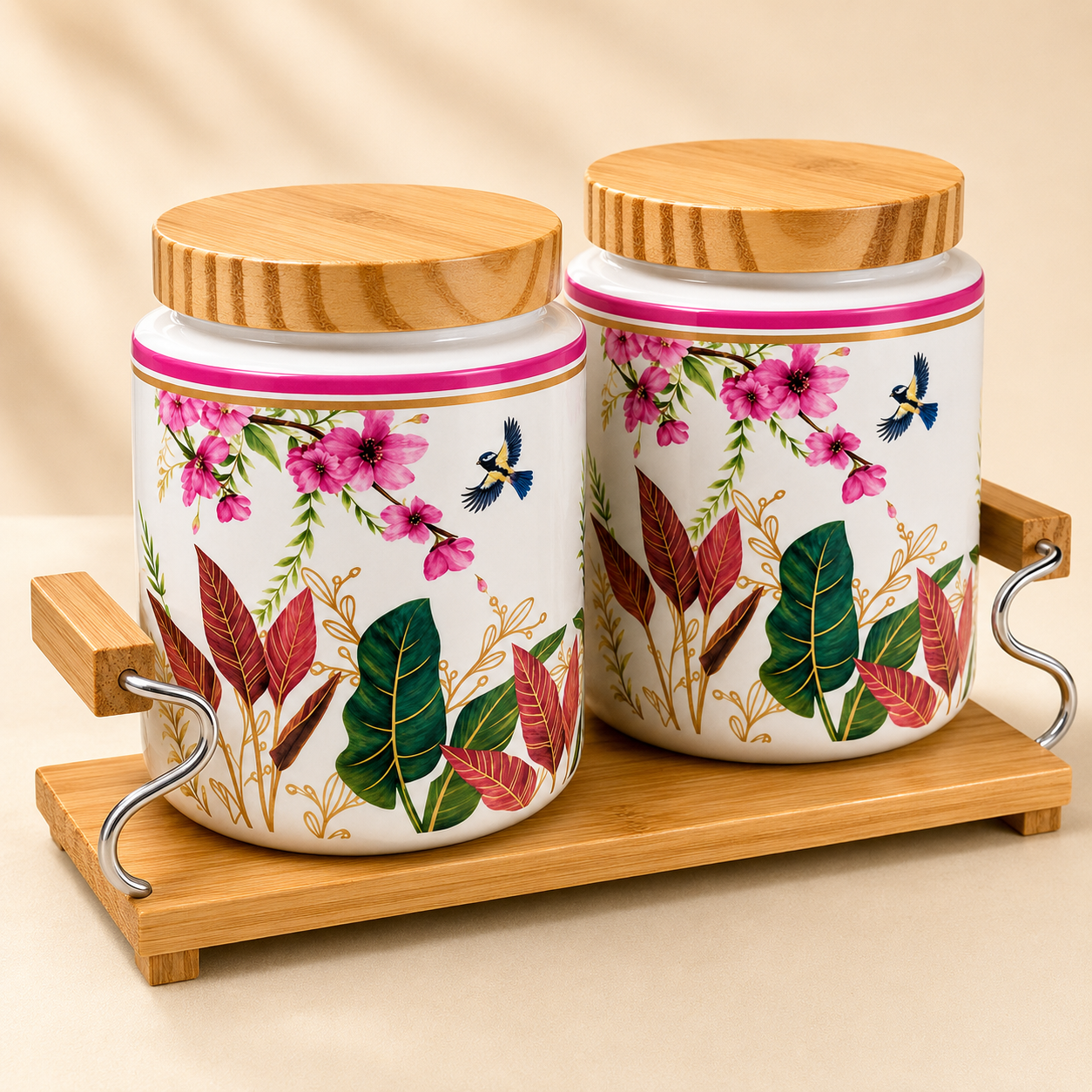 KunhaR Airtight Ceramic Storage Jar Set with Bamboo Lids & Tray, 750 ml Each, Multipurpose Kitchen Containers for Tea, Coffee, Sugar, Spices, Dry Fruits & Pickles, Floral Cream, Pack of 2 - Image 2