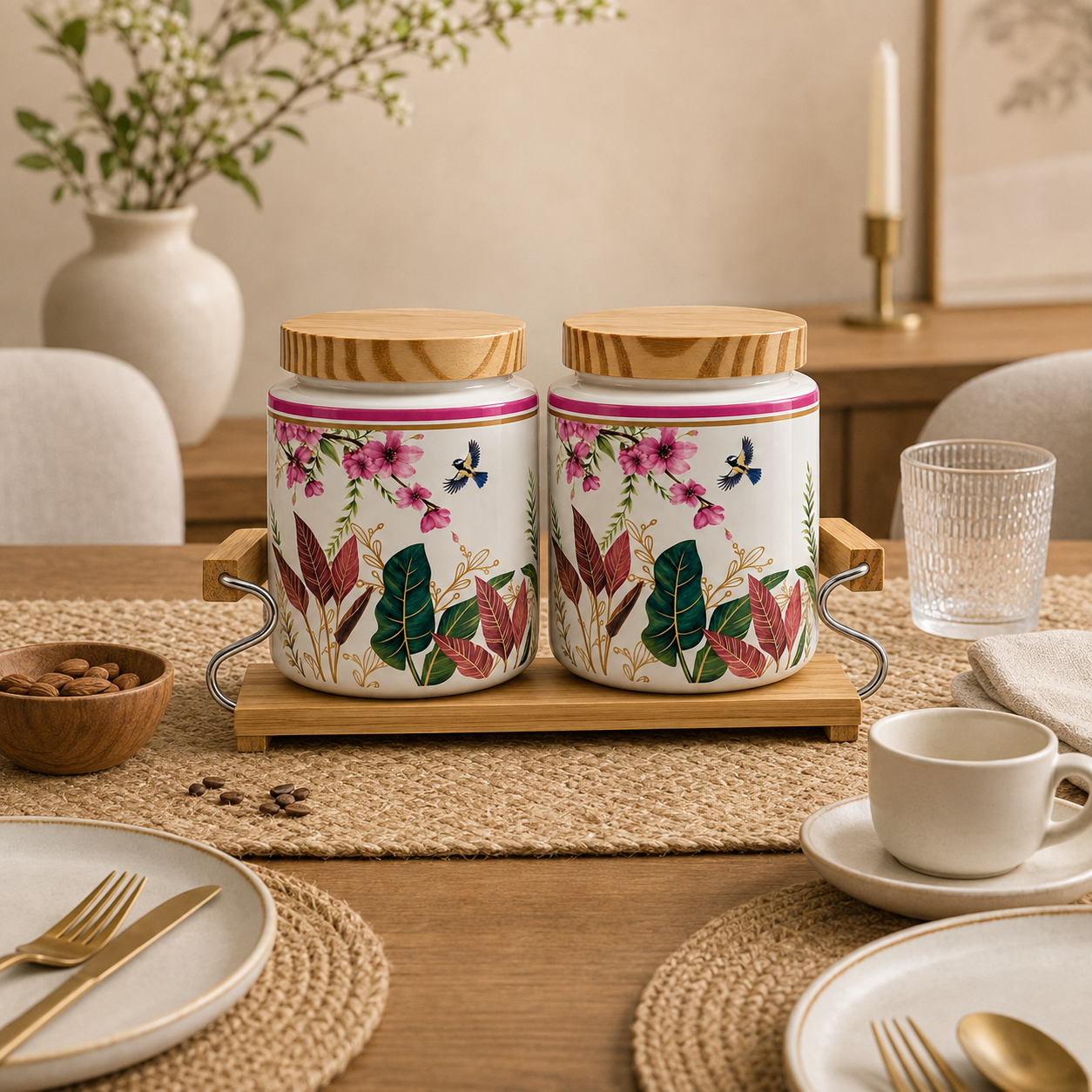 KunhaR Airtight Ceramic Storage Jar Set with Bamboo Lids & Tray, 750 ml Each, Multipurpose Kitchen Containers for Tea, Coffee, Sugar, Spices, Dry Fruits & Pickles, Floral Cream, Pack of 2