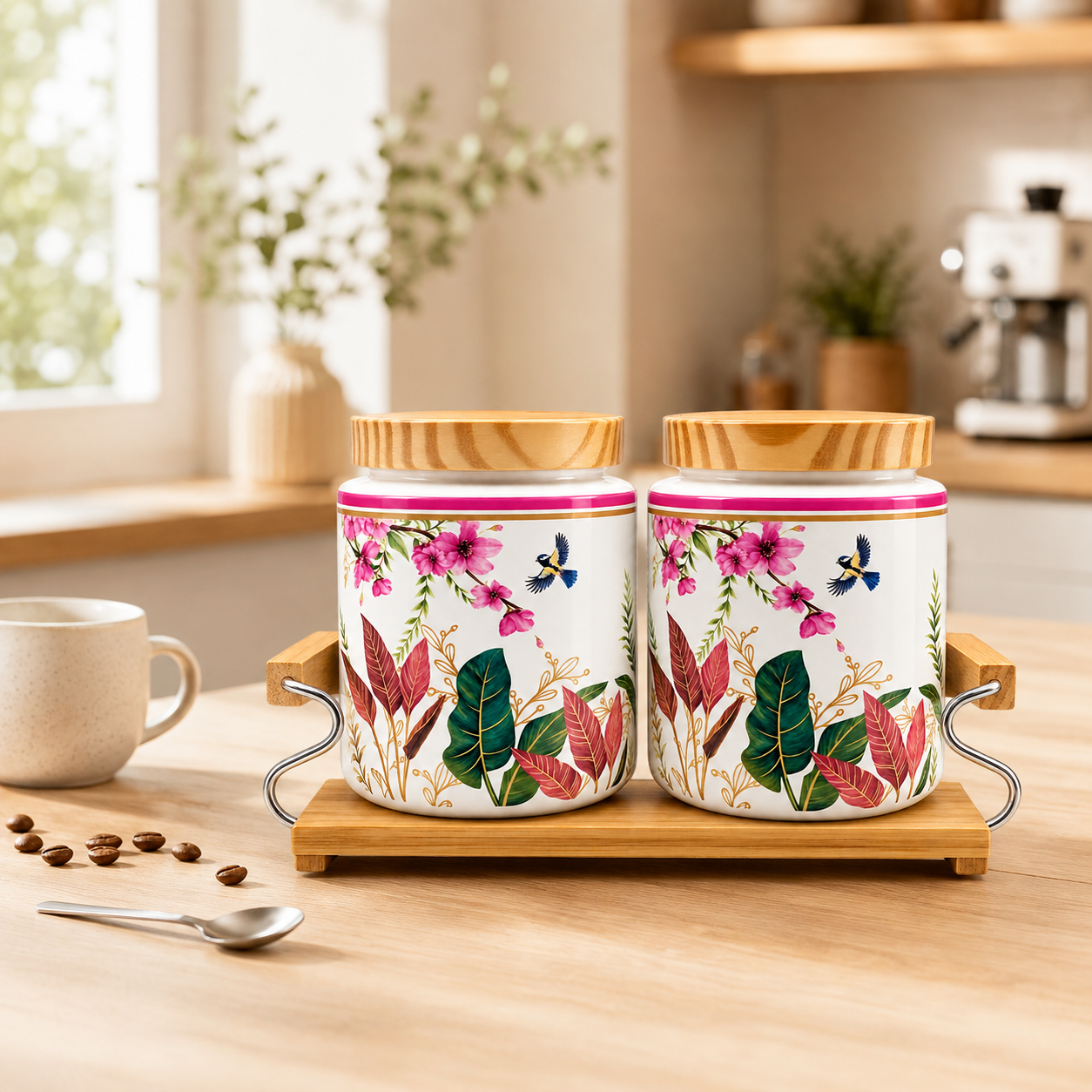 KunhaR Airtight Ceramic Storage Jar Set with Bamboo Lids & Tray, 750 ml Each, Multipurpose Kitchen Containers for Tea, Coffee, Sugar, Spices, Dry Fruits & Pickles, Floral Cream, Pack of 2 - Image 3