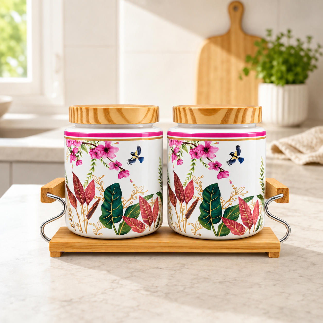 KunhaR Airtight Ceramic Storage Jar Set with Bamboo Lids & Tray, 750 ml Each, Multipurpose Kitchen Containers for Tea, Coffee, Sugar, Spices, Dry Fruits & Pickles, Floral Cream, Pack of 2 - Image 4