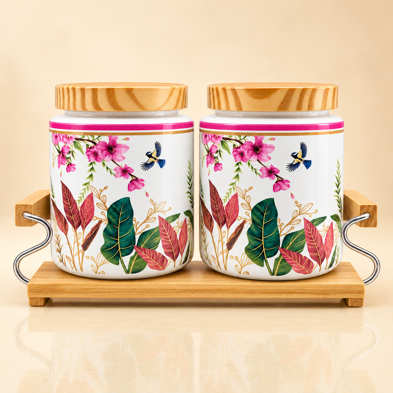 KunhaR Airtight Ceramic Storage Jar Set with Bamboo Lids & Tray, 750 ml Each, Multipurpose Kitchen Containers for Tea, Coffee, Sugar, Spices, Dry Fruits & Pickles, Floral Cream, Pack of 2 - Image 5