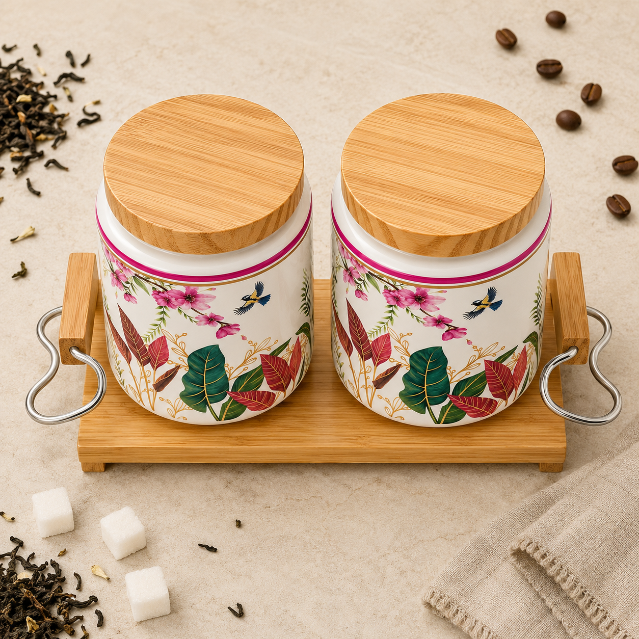 KunhaR Airtight Ceramic Storage Jar Set with Bamboo Lids & Tray, 750 ml Each, Multipurpose Kitchen Containers for Tea, Coffee, Sugar, Spices, Dry Fruits & Pickles, Floral Cream, Pack of 2 - Image 6