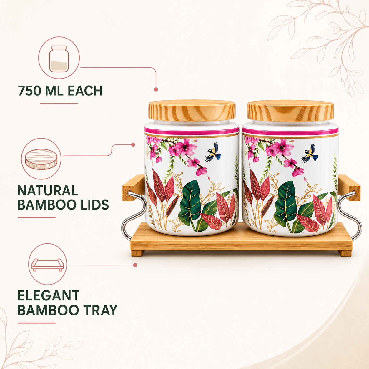 KunhaR Airtight Ceramic Storage Jar Set with Bamboo Lids & Tray, 750 ml Each, Multipurpose Kitchen Containers for Tea, Coffee, Sugar, Spices, Dry Fruits & Pickles, Floral Cream, Pack of 2 - Image 7