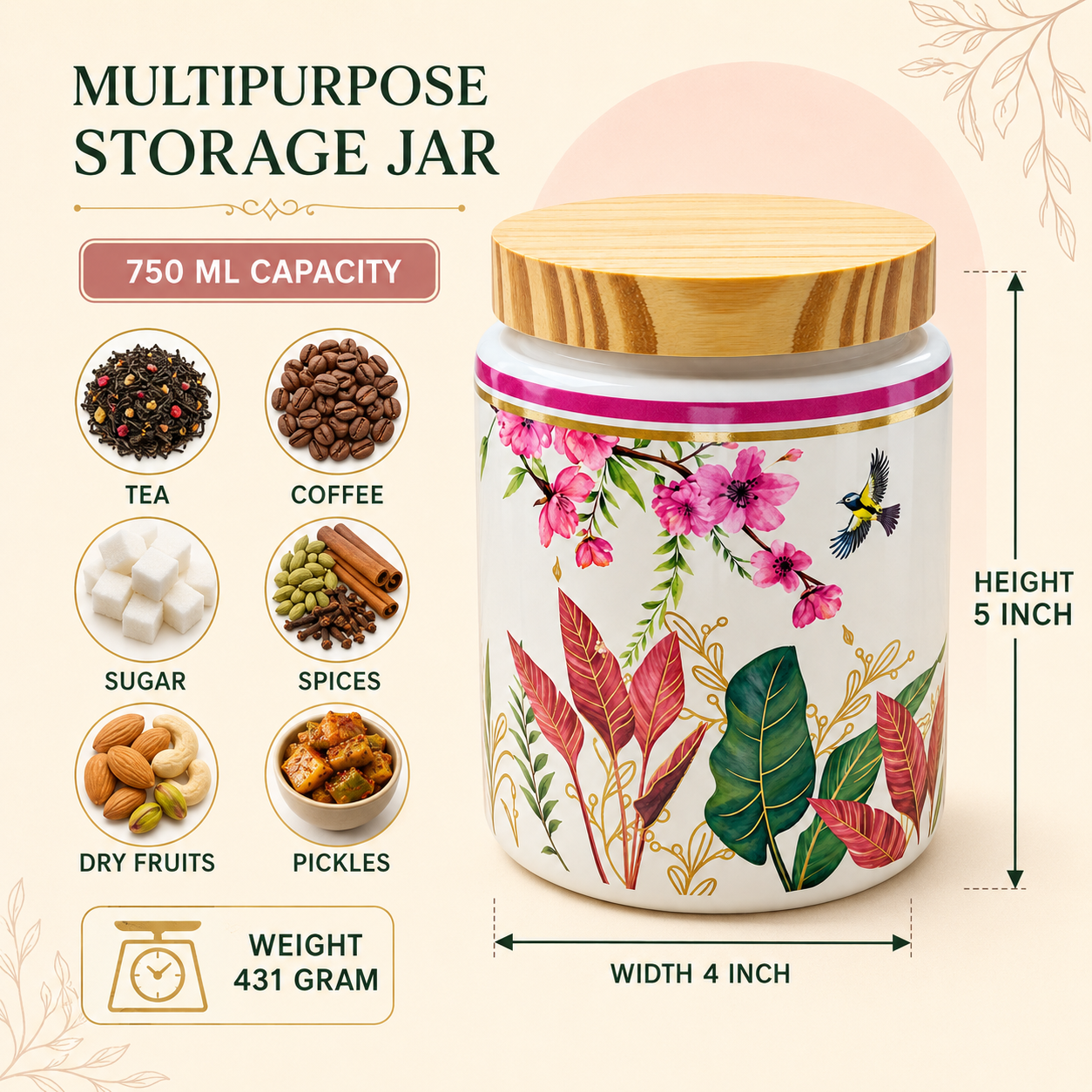 KunhaR Airtight Ceramic Storage Jar Set with Bamboo Lids & Tray, 750 ml Each, Multipurpose Kitchen Containers for Tea, Coffee, Sugar, Spices, Dry Fruits & Pickles, Floral Cream, Pack of 2 - Image 8