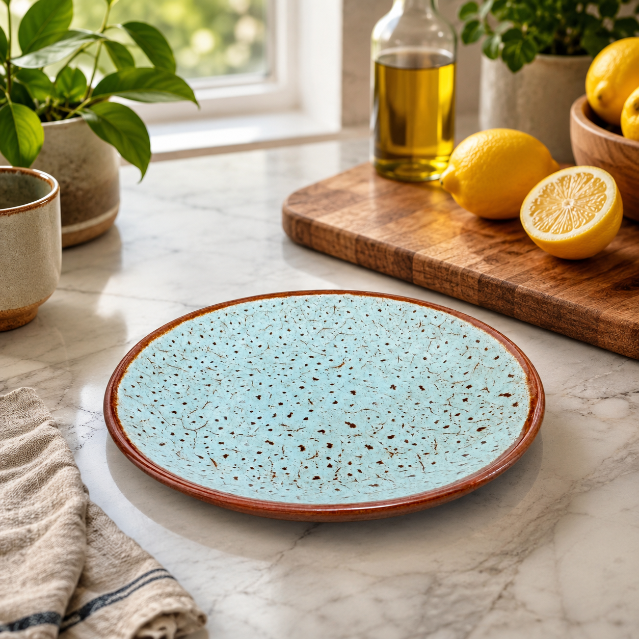 KunhaR Ceramic Dinner Plate, Aqua Blue with Brown Rim, Speckled Glaze Design, Premium Tableware for Serving Meals, Snacks & Desserts, 10 Inch, Pack of 1 - Image 2