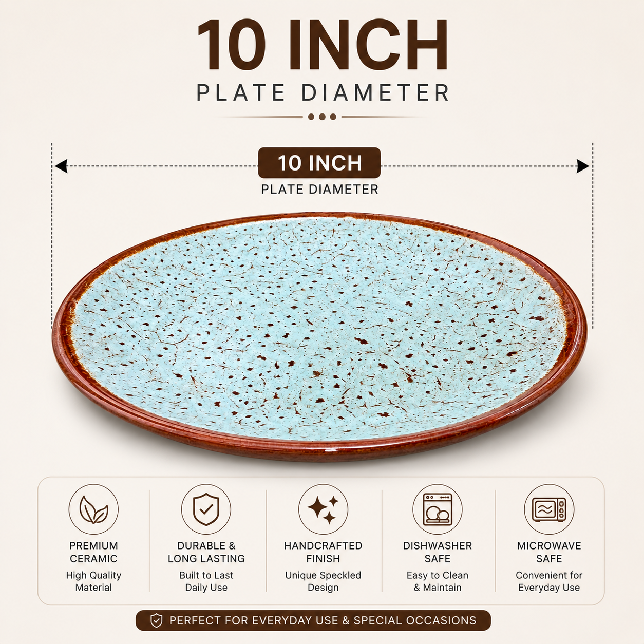 KunhaR Ceramic Dinner Plate, Aqua Blue with Brown Rim, Speckled Glaze Design, Premium Tableware for Serving Meals, Snacks & Desserts, 10 Inch, Pack of 1 - Image 7