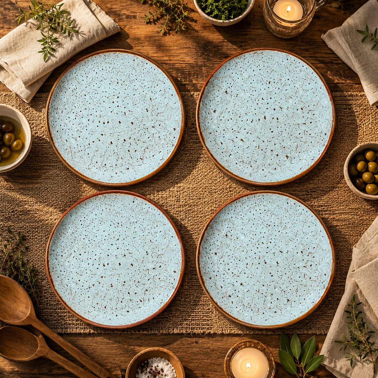KunhaR Ceramic Dinner Plates, Aqua Blue with Brown Rim, Speckled Glaze Design, Premium Tableware for Serving Meals, Snacks & Desserts, 10 Inch, Pack of 4
