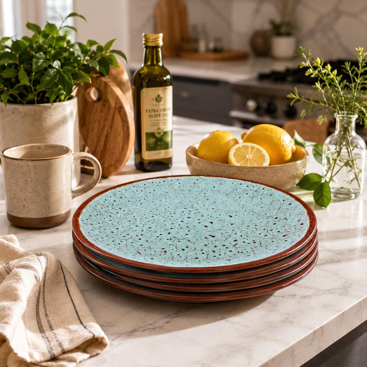 KunhaR Ceramic Dinner Plates, Aqua Blue with Brown Rim, Speckled Glaze Design, Premium Tableware for Serving Meals, Snacks & Desserts, 10 Inch, Pack of 4 - Image 5