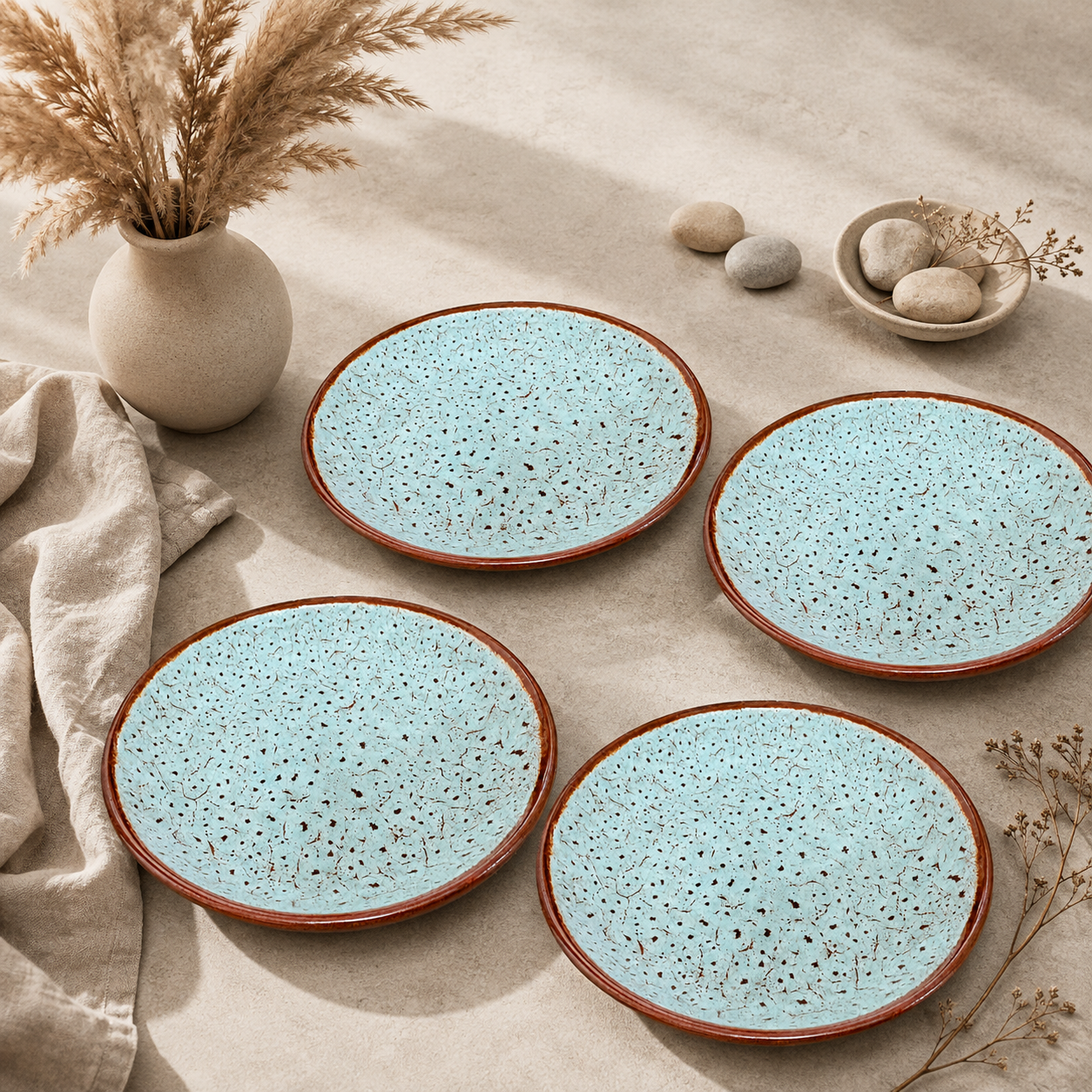 KunhaR Ceramic Dessert & Snack Plates, Aqua Blue with Brown Rim, Speckled Glaze Design, Premium Tableware for Serving Meals, Snacks & Desserts, 7 Inch, Pack of 4 - Image 3