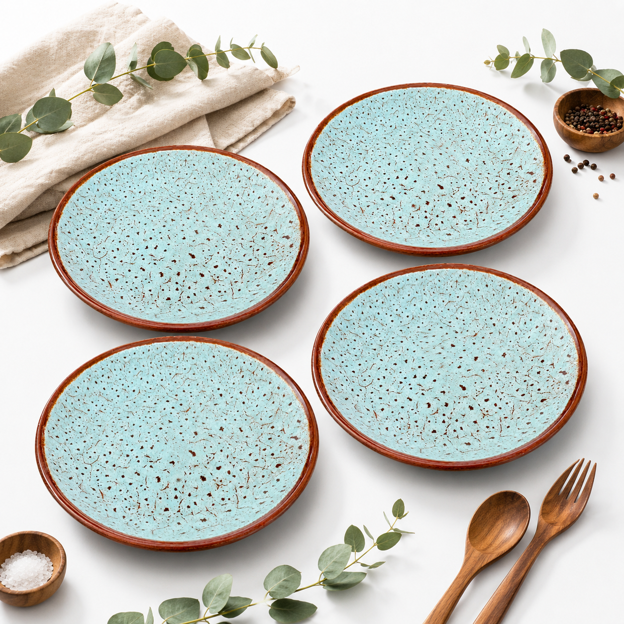KunhaR Ceramic Dessert & Snack Plates, Aqua Blue with Brown Rim, Speckled Glaze Design, Premium Tableware for Serving Meals, Snacks & Desserts, 7 Inch, Pack of 4 - Image 6