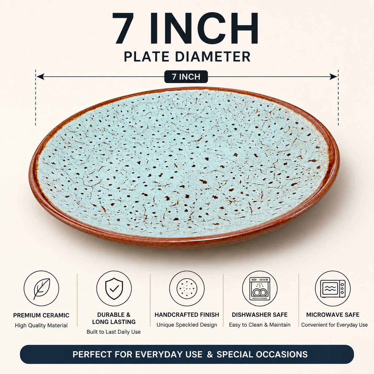 KunhaR Ceramic Dessert & Snack Plates, Aqua Blue with Brown Rim, Speckled Glaze Design, Premium Tableware for Serving Meals, Snacks & Desserts, 7 Inch, Pack of 4 - Image 7