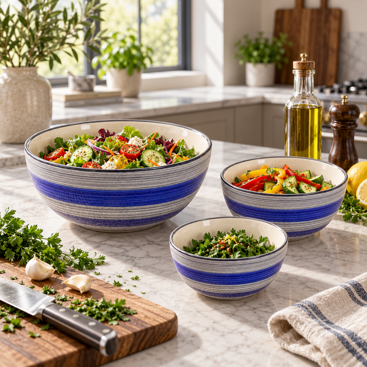 KunhaR Ceramic Mixing Bowl Set, 800 ml, 600 ml & 400 ml, Monsoon | Set of 3 Nesting Bowls for Mixing, Serving, Salad, Pasta, Snacks & Kitchen Prep - Image 4