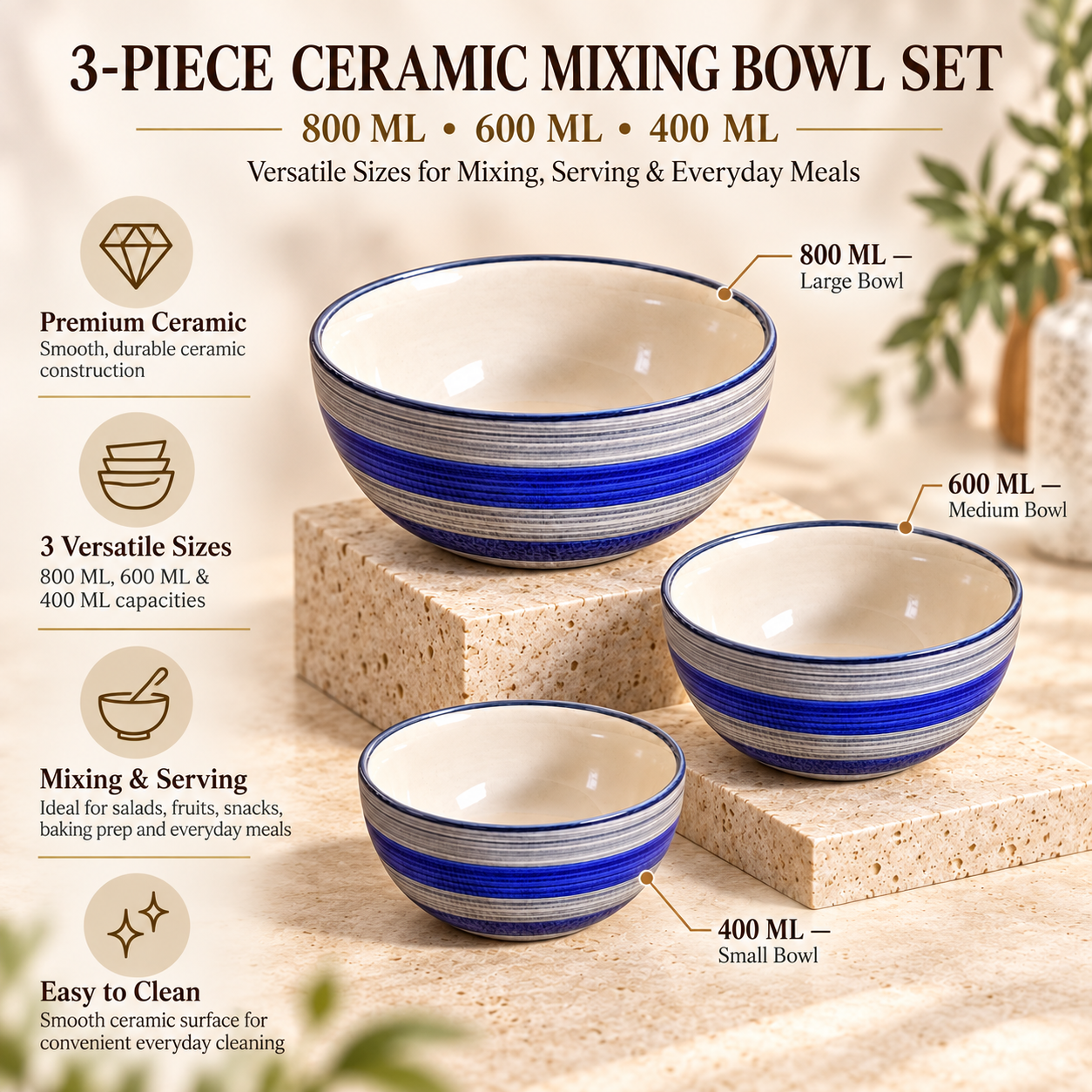 KunhaR Ceramic Mixing Bowl Set, 800 ml, 600 ml & 400 ml, Monsoon | Set of 3 Nesting Bowls for Mixing, Serving, Salad, Pasta, Snacks & Kitchen Prep - Image 7