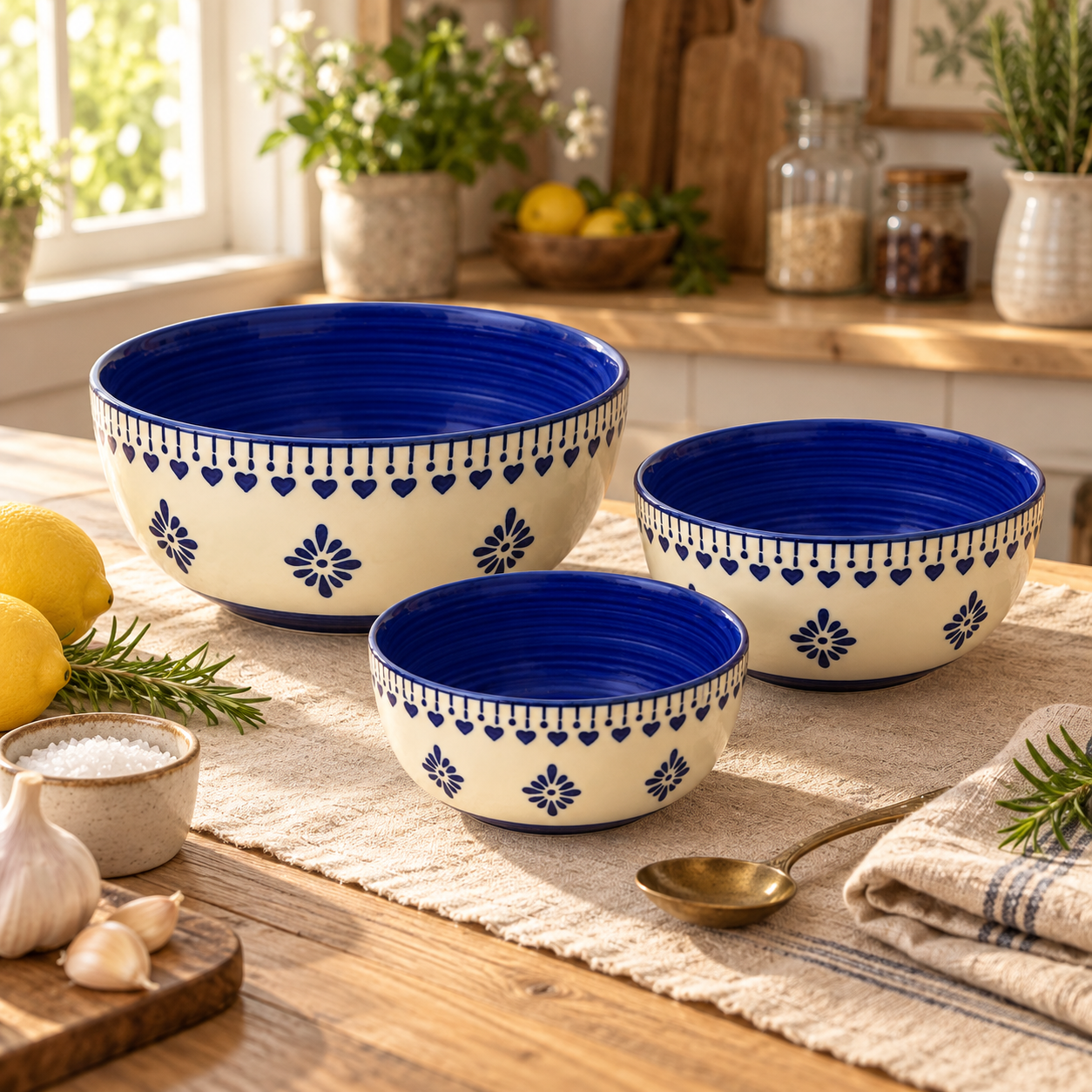 KunhaR Ceramic Mixing Bowl Set, 800 ml, 600 ml & 400 ml, Cream Blue Floral | Set of 3 Nesting Bowls for Mixing, Serving, Salad, Pasta, Snacks & Kitchen Prep - Image 2