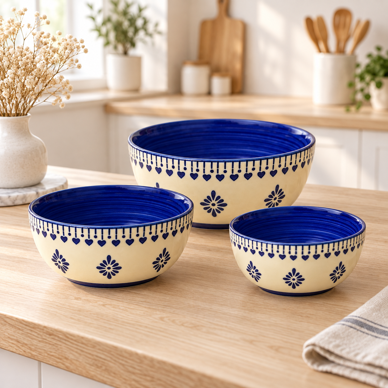 KunhaR Ceramic Mixing Bowl Set, 800 ml, 600 ml & 400 ml, Cream Blue Floral | Set of 3 Nesting Bowls for Mixing, Serving, Salad, Pasta, Snacks & Kitchen Prep - Image 3