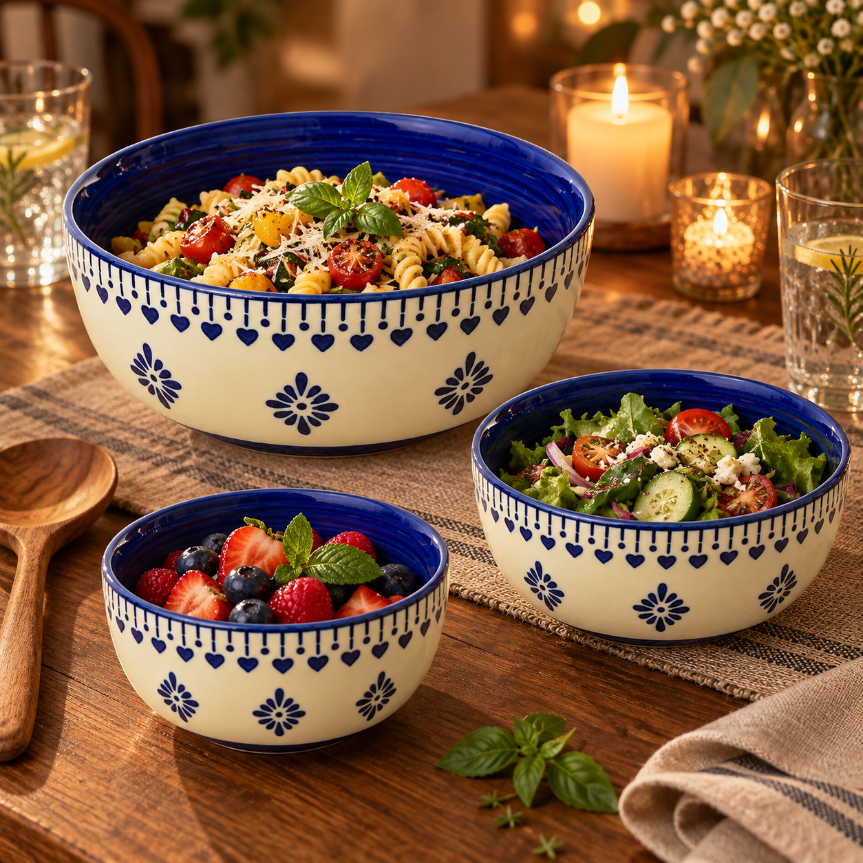 KunhaR Ceramic Mixing Bowl Set, 800 ml, 600 ml & 400 ml, Cream Blue Floral | Set of 3 Nesting Bowls for Mixing, Serving, Salad, Pasta, Snacks & Kitchen Prep - Image 4