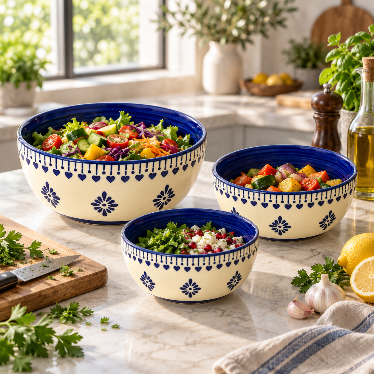 KunhaR Ceramic Mixing Bowl Set, 800 ml, 600 ml & 400 ml, Cream Blue Floral | Set of 3 Nesting Bowls for Mixing, Serving, Salad, Pasta, Snacks & Kitchen Prep - Image 5