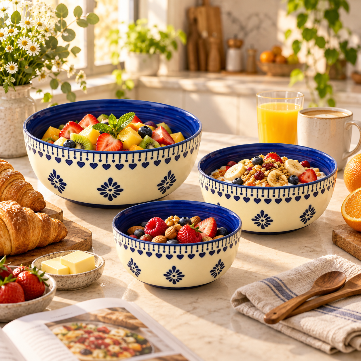 KunhaR Ceramic Mixing Bowl Set, 800 ml, 600 ml & 400 ml, Cream Blue Floral | Set of 3 Nesting Bowls for Mixing, Serving, Salad, Pasta, Snacks & Kitchen Prep - Image 6