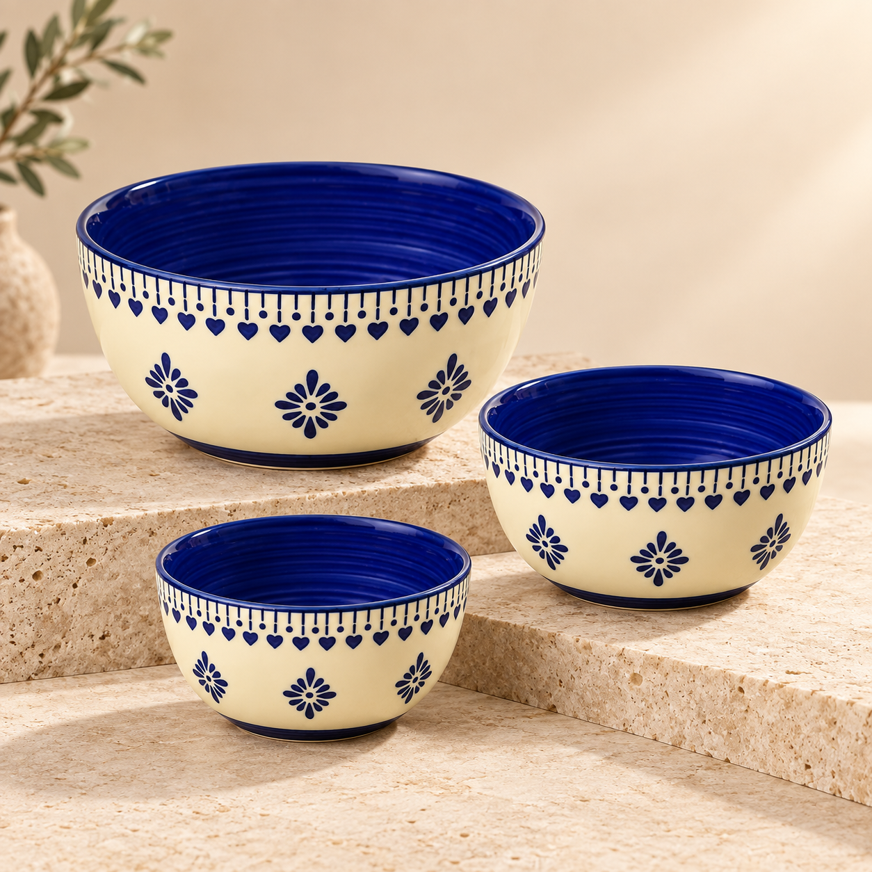 KunhaR Ceramic Mixing Bowl Set, 800 ml, 600 ml & 400 ml, Cream Blue Floral | Set of 3 Nesting Bowls for Mixing, Serving, Salad, Pasta, Snacks & Kitchen Prep - Image 7