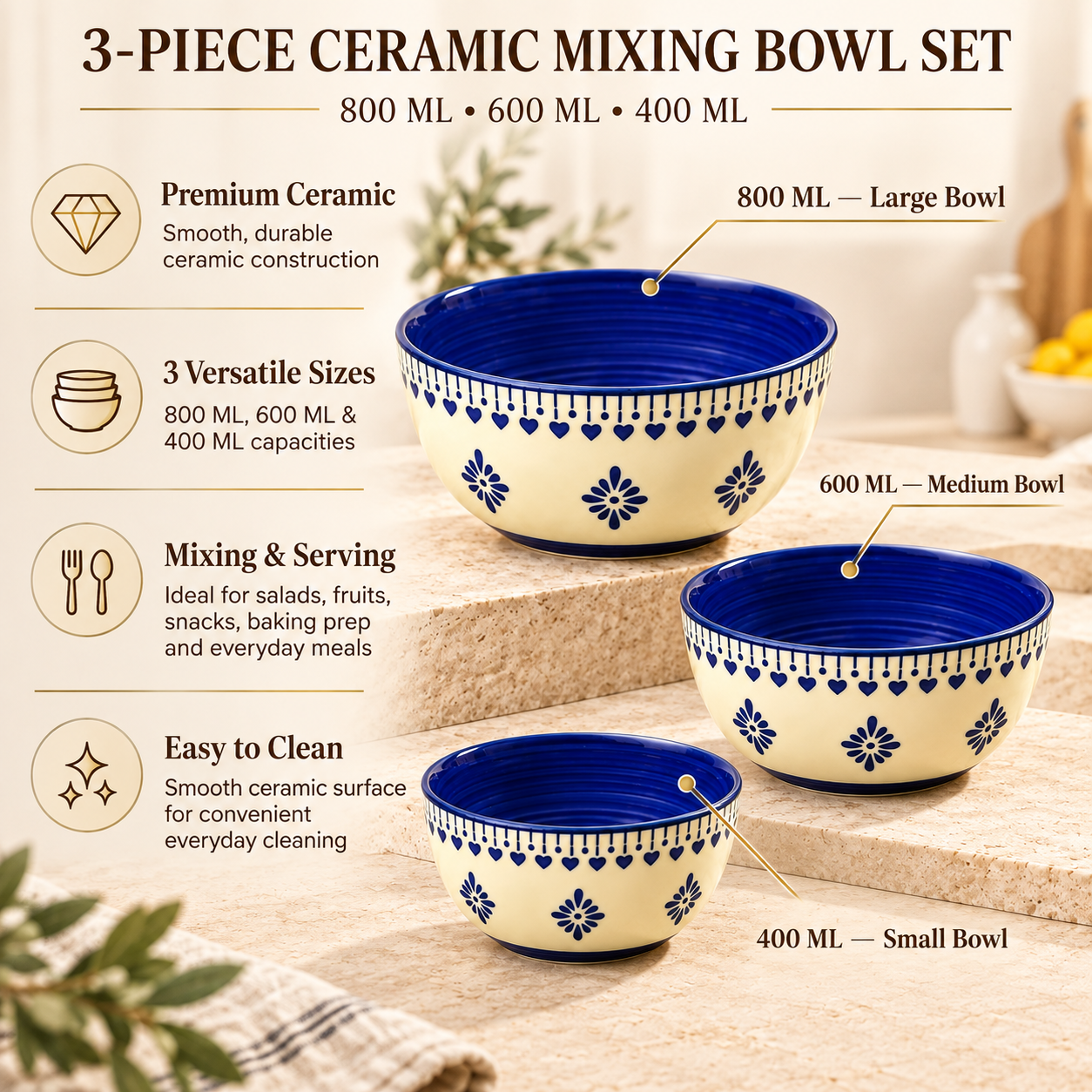 KunhaR Ceramic Mixing Bowl Set, 800 ml, 600 ml & 400 ml, Cream Blue Floral | Set of 3 Nesting Bowls for Mixing, Serving, Salad, Pasta, Snacks & Kitchen Prep - Image 8