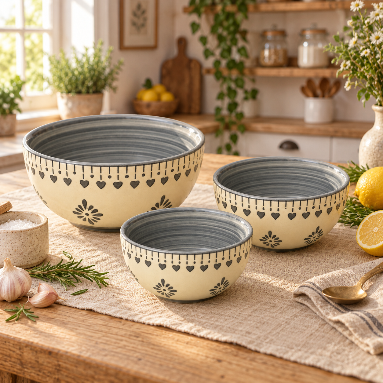 KunhaR Ceramic Mixing Bowl Set, 800 ml, 600 ml & 400 ml, Cream Grey Floral | Set of 3 Nesting Bowls for Mixing, Serving, Salad, Pasta, Snacks & Kitchen Prep